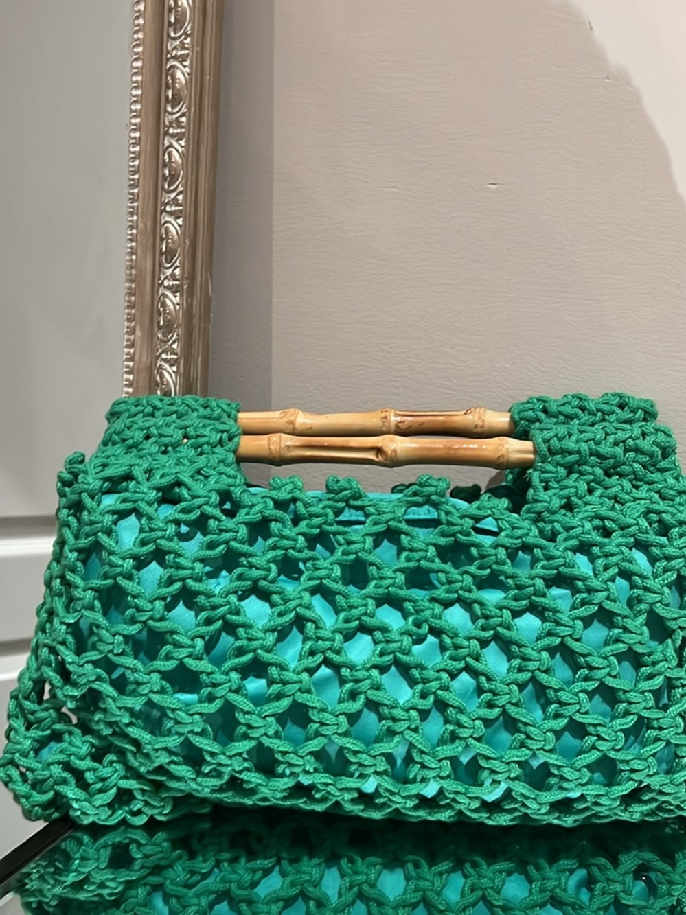 Handwoven Bamboo-Handle Clutch in Green